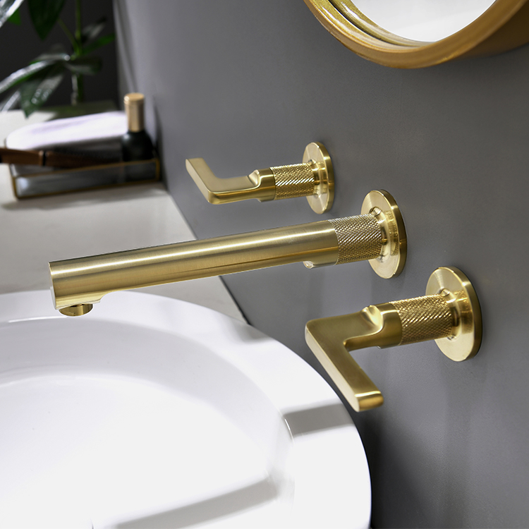 Guangdong Brass Горячая и холодная вода матовая Золотая двойная ручка 3 отверстия настенный смеситель для ванной комнаты
