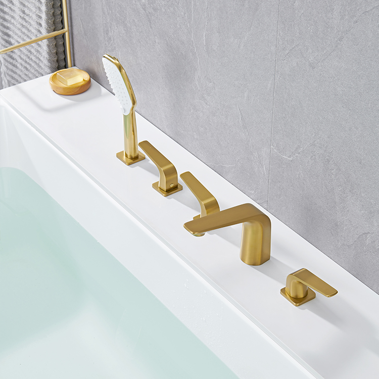 Новый дизайн, матовое золото, 5 отверстий, палубный смеситель с тремя ручками, ванна, ванна, душ, смеситель, набор