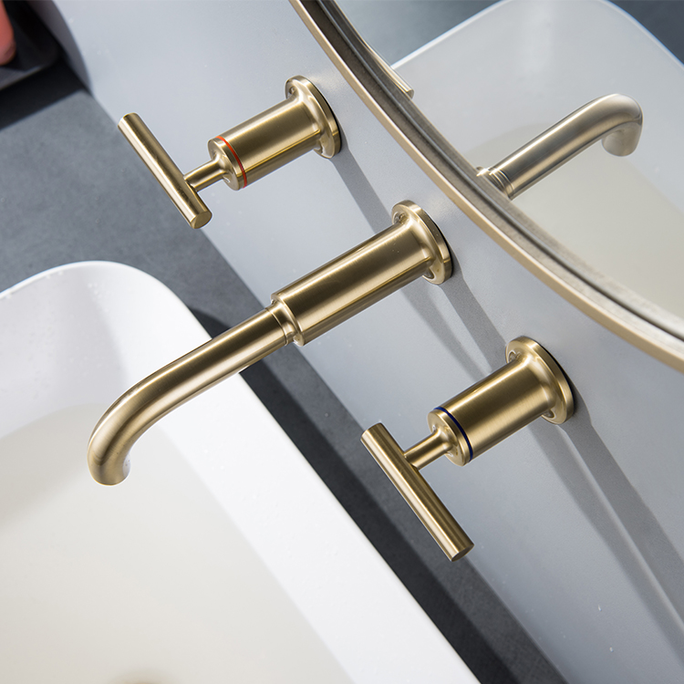 Европейский стиль, матовое золото, настенное крепление, 3 отверстия, двойная ручка, 8 дюймов, широко распространенный смеситель, смеситель для раковины ванной комнаты